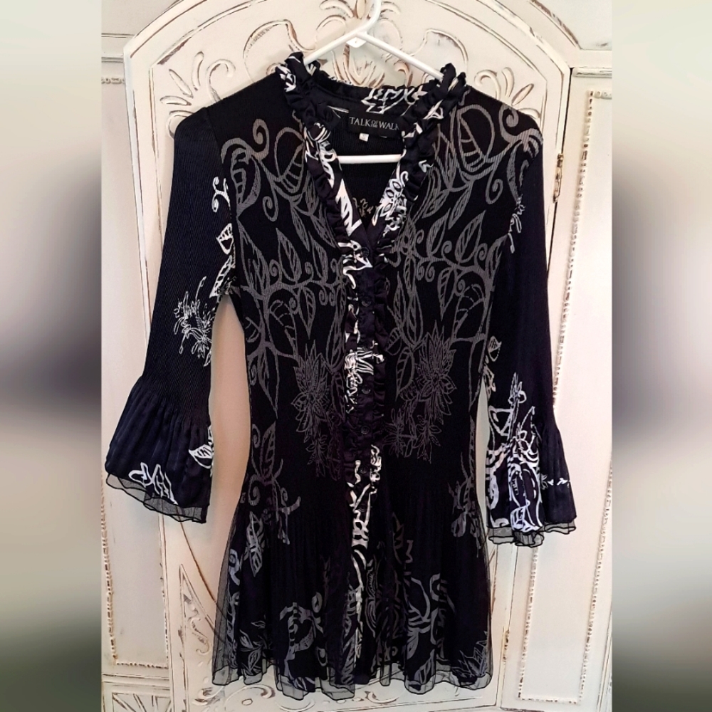 Talk of the Walk. Black w/ silver and sheer blouse.